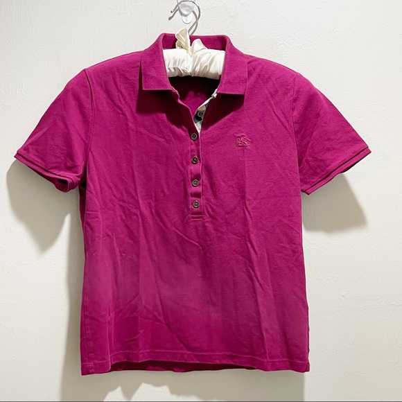 BURBERRY BRIT Women's Maroon Short Sleeve NOVACHECK Trim Polo Shirt Size Large